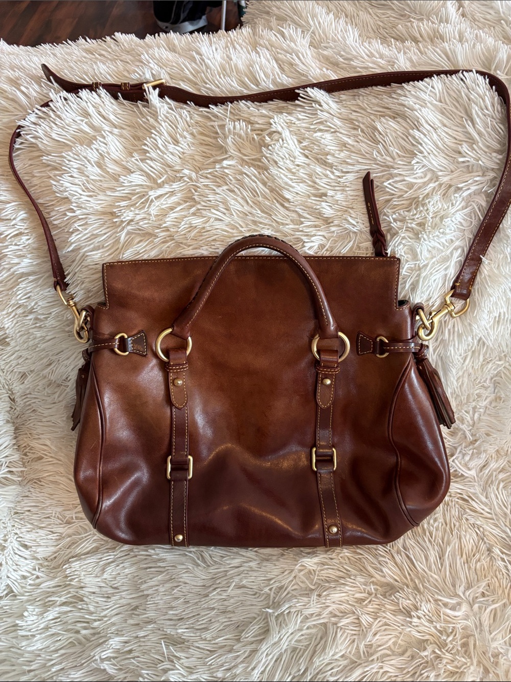 Dooney & Bourke Brown Leather Satchel with Brass Hardware - Picture 2 of 8